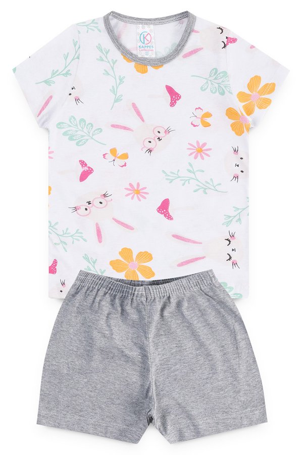 pijama infantil feminino coelho e flores branco