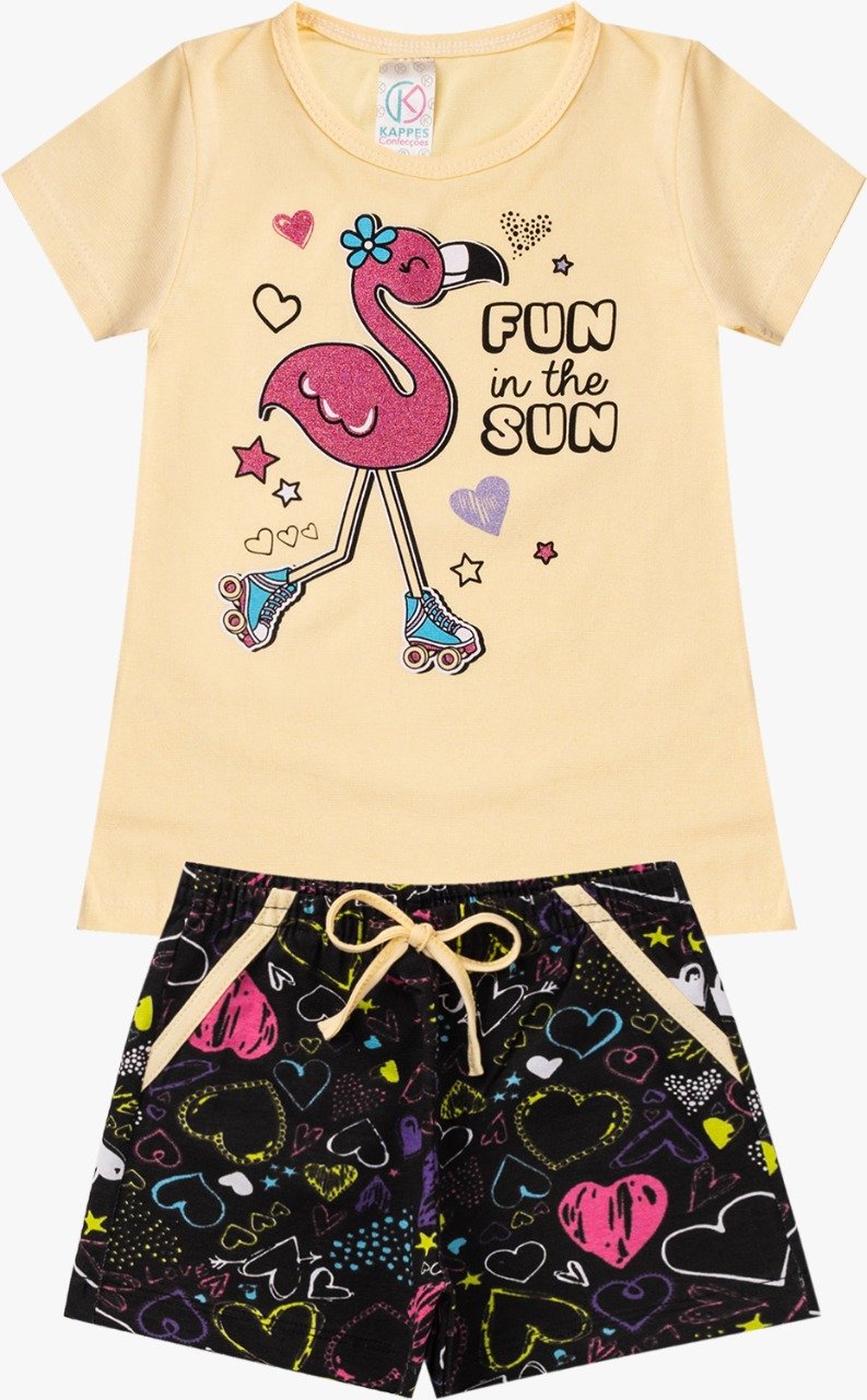 Conjunto Infantil Feminino Verão Flamingo Creme