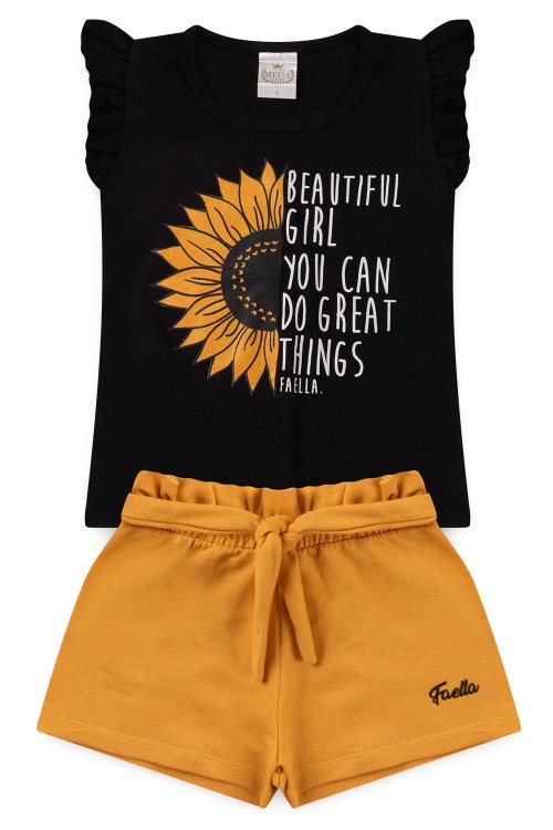 Conjunto Infantil Verão Feminino Girassol - Preto 